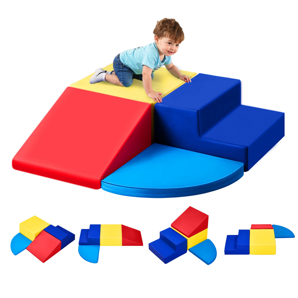 SEDOL 4-Piece Foam Climbing Blocks Soft Play Activity Set Indoor Montessori Toddler Crawl and Slide Playset Waterproof PU Leather with Anti-Slip Velcro for Babies