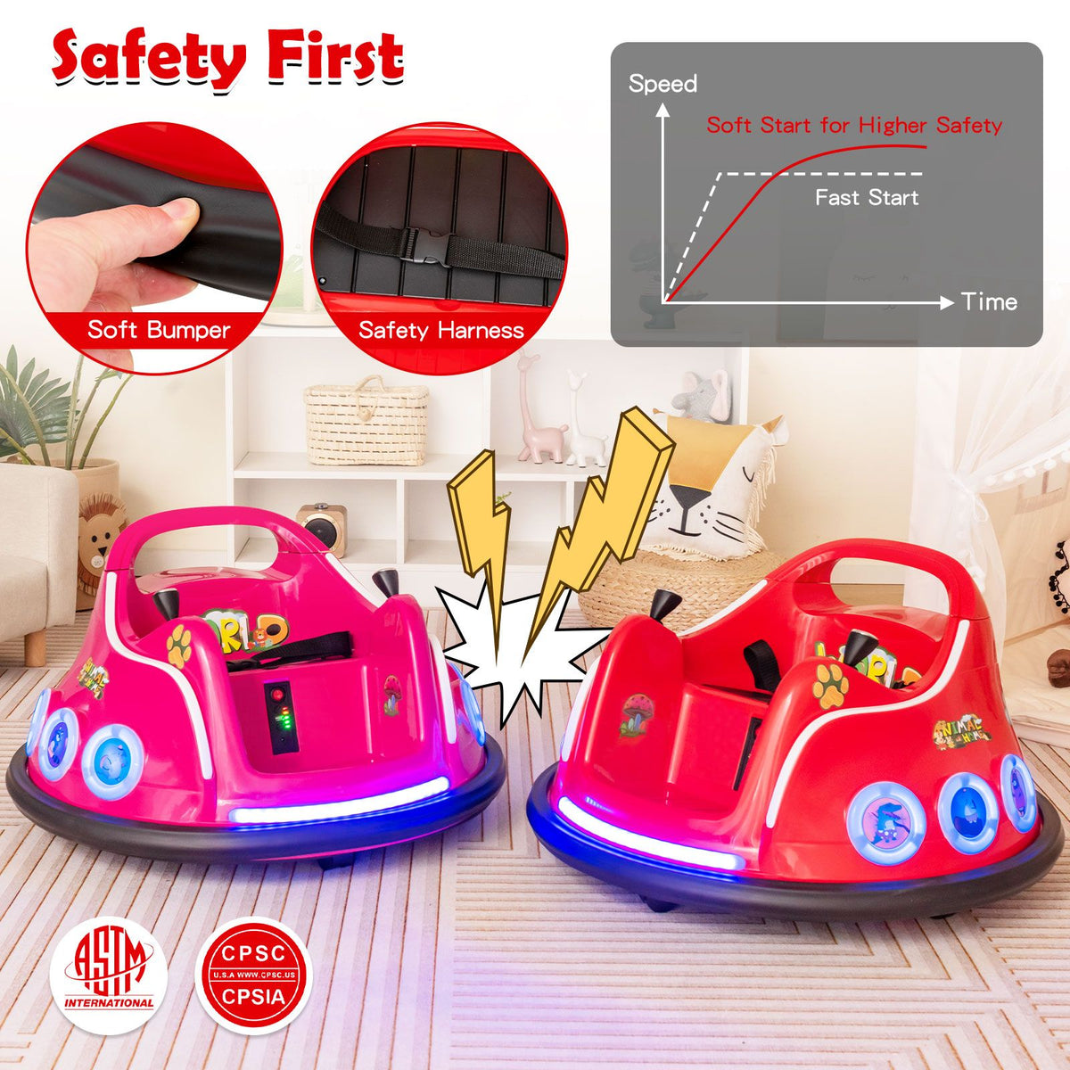 SEDOL 12V High-Performance Kids Bumper Car with 360° Rotation Parental Remote Control Wireless Bluetooth Audio and LED Light Show – 30kg Capacity