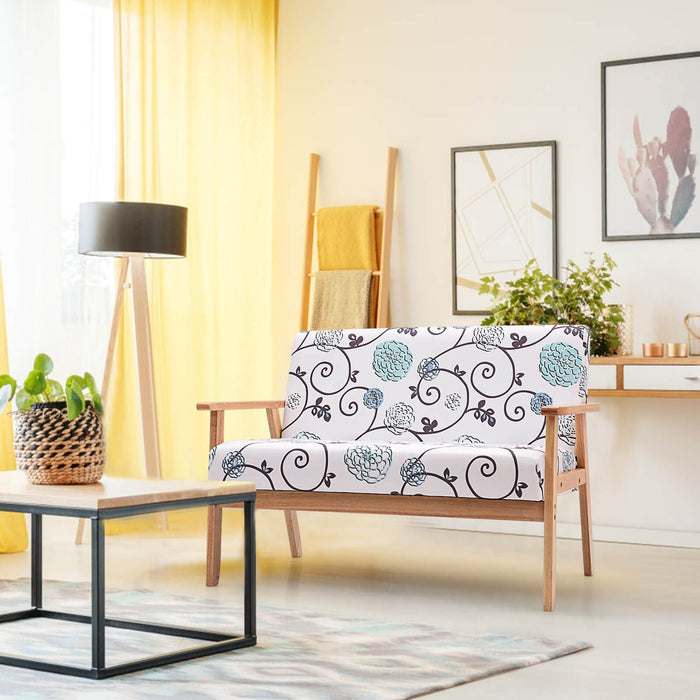 2-Seater Wooden Upholstered Loveseat with Rubber Wood Armrests