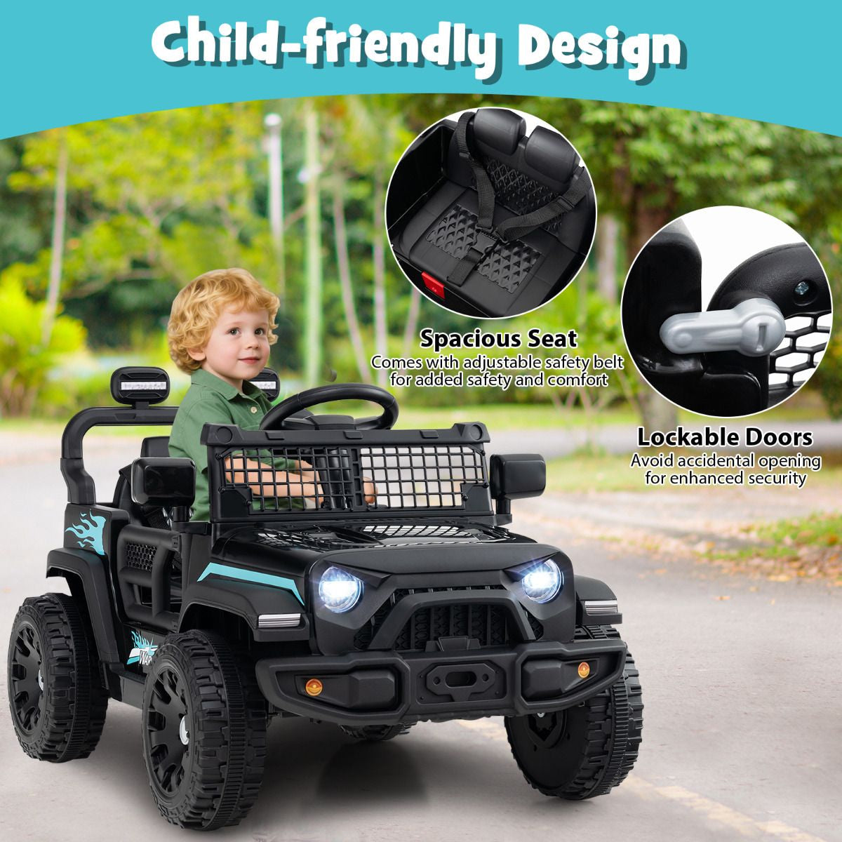 SEDOL 12V Electric Ride-On Truck for Kids with Parental Remote Control Dual 25W Motors All-Terrain Shock Absorbers LED Headlights and Soft-Start Safety System