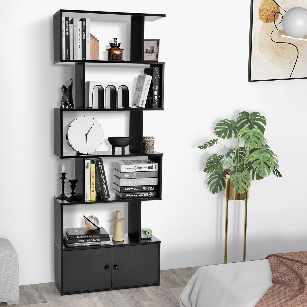 Industrial S-Shaped 5-Tier Bookcase with Cabinet