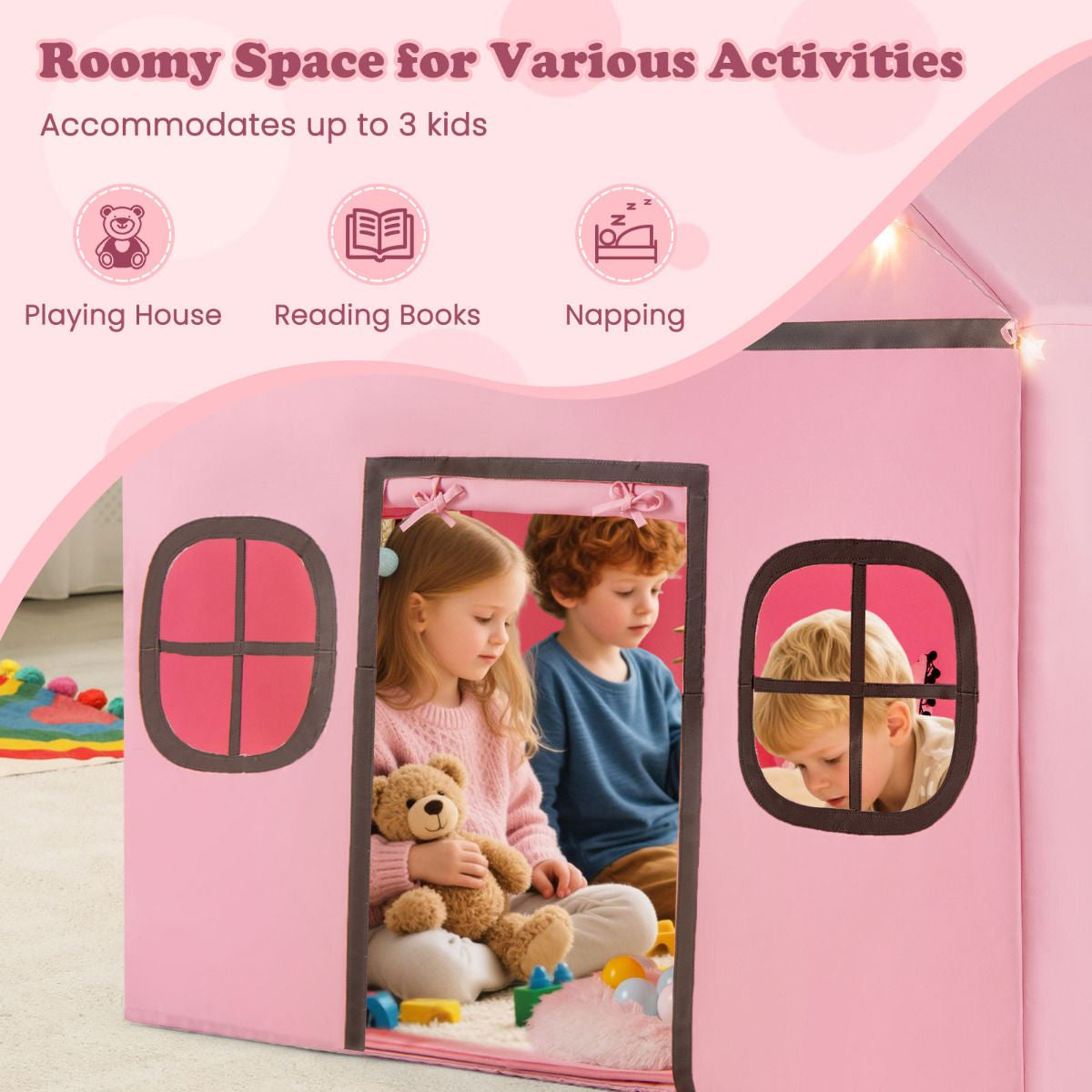 SEDOL Large Indoor Kids Playhouse with Plush Coral Velvet Mat and LED Star Lights Breathable Cotton-Blend Play Tent with Storage Pockets for Reading and Napping
