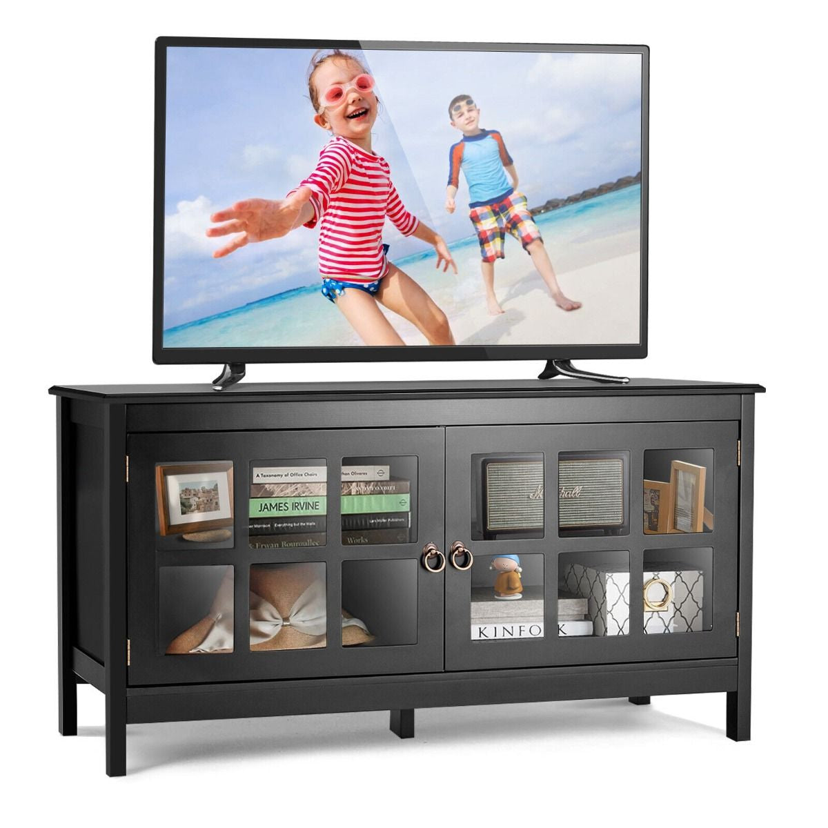 Modern Wooden TV Stand with Tempered Glass Doors for Tvs up to 50''
