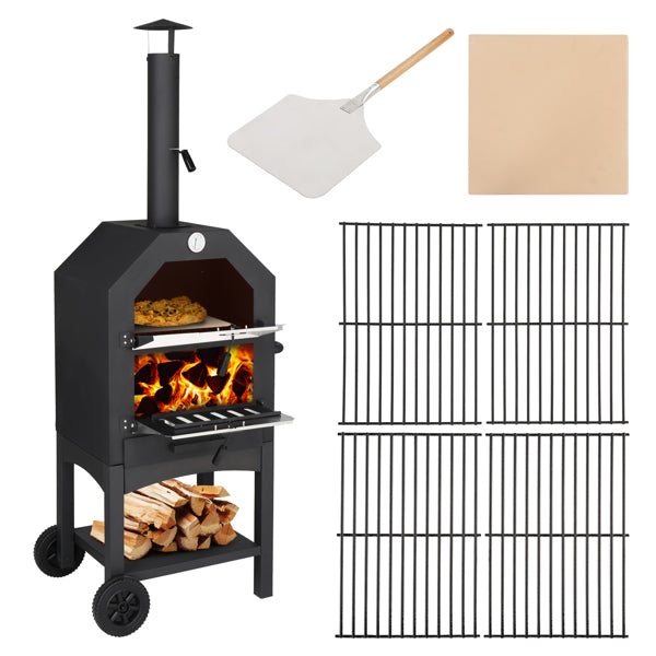 Outdoor Wood-Fired Pizza Oven – Portable Garden Pizza Maker with Stone, Peel & Grill Rack