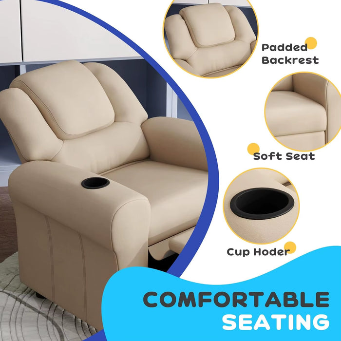 SEDOL Kids Recliner Armchair with Built-In Cup Holder Premium PU Leather Children’s Sofa with 150° Adjustable Backrest and Padded Headrest for Playroom & Living Room