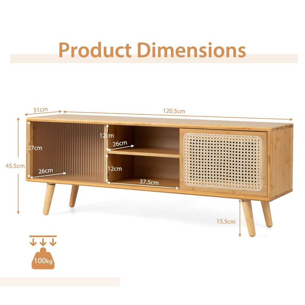 Bamboo Entertainment Center with Rattan and Tempered Glass Sliding Doors