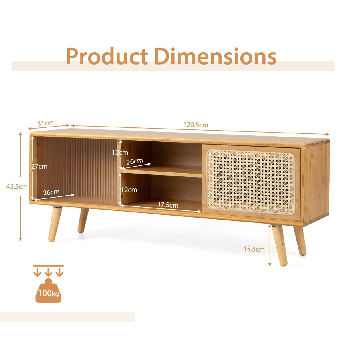 Bamboo Entertainment Center with Rattan and Tempered Glass Sliding Doors