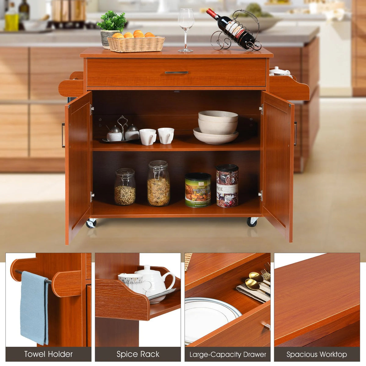 Rolling Kitchen Storage Trolley with Adjustable Shelf and Drawer