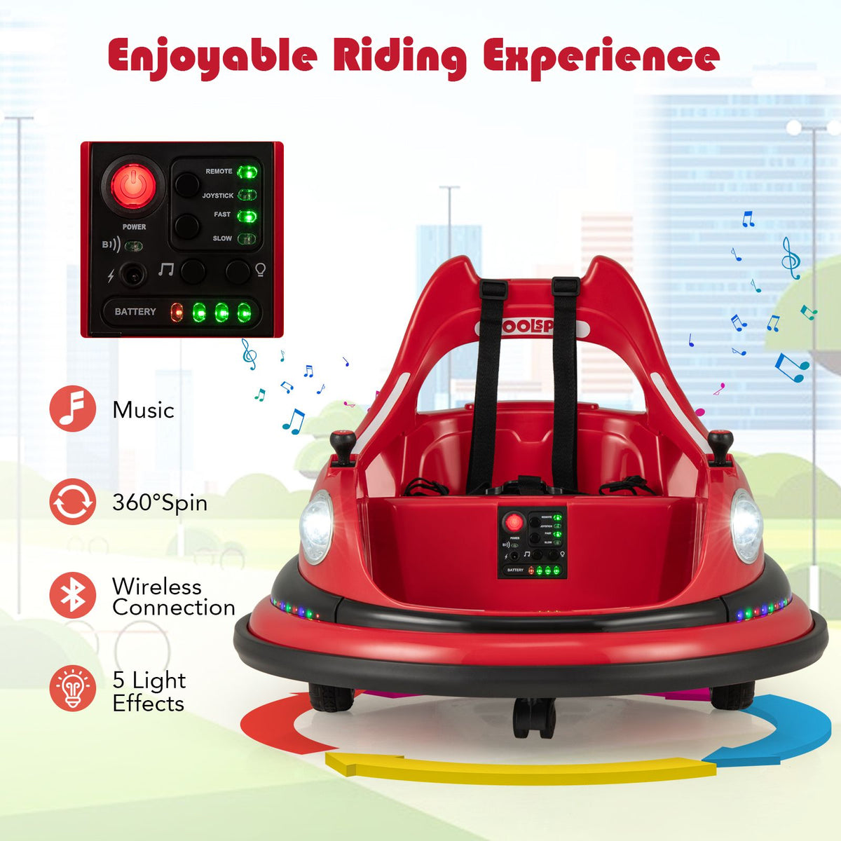 SEDOL 12V High-Performance Kids Bumper Car with 5-Point Safety Harness 360° Zero-Turn Dual Joysticks and 5-Mode LED Light Show – 12V Powered for Ages 3+
