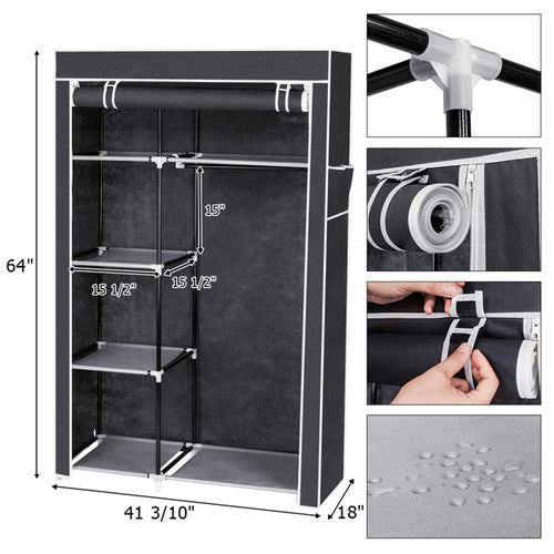 64" Portable Wardrobe – Foldable Clothes Storage Closet with Shelves & Hanging Rail (Grey)