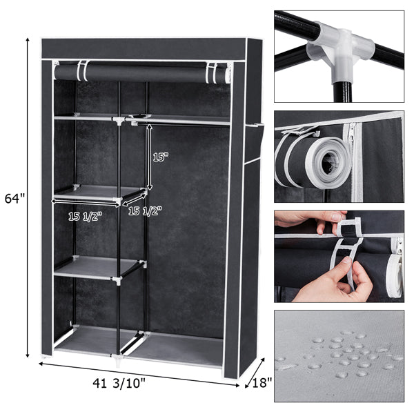 64" Portable Wardrobe – Foldable Clothes Storage Closet with Shelves & Hanging Rail (Grey)