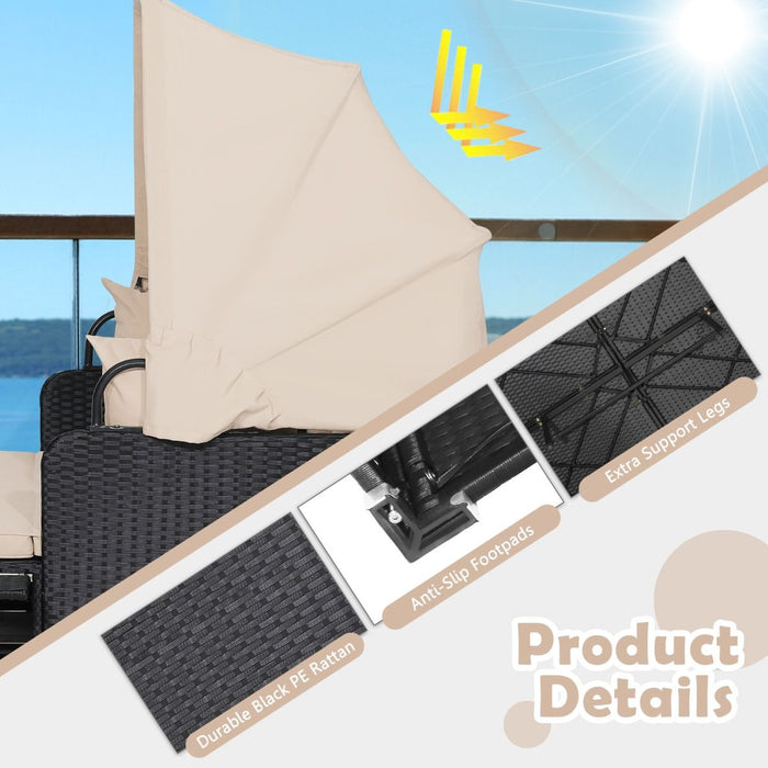 Rattan Daybed with Retractable Canopy, Cushions & Side Trays