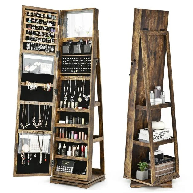 SEDOL 360° Rotating Full-Length Mirrored Jewellery Cabinet | Lockable Jewellery Armoire with 3-Tier Rear Display Shelves | Ultra-Large Storage for 120 Earrings, 78 Rings & 24 Necklaces | Velvet-Lined Boutique Organiser
