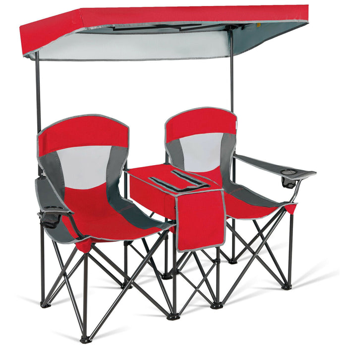 Double Folding Camping Chair with Canopy and Armrests