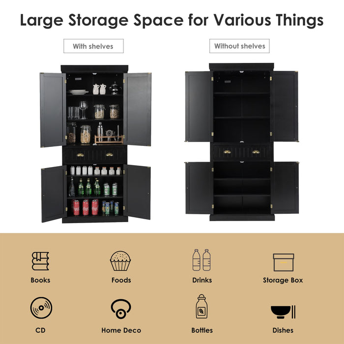 4-Door Tall Kitchen Cupboard Adjustable Shelves and Drawer