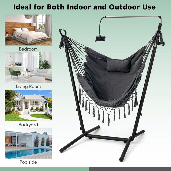Hammock Chair with Stand – Adjustable Height, Phone Holder & Boho Tassels