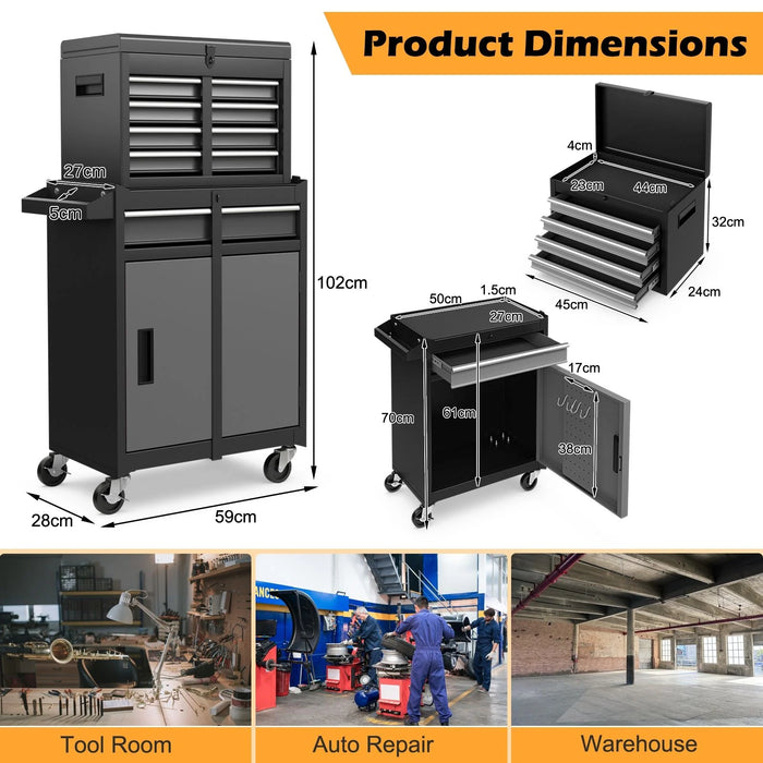 High-Capacity Rolling Tool Cabinet – Lockable Wheels, Metal 2‑in‑1 Chest & Base