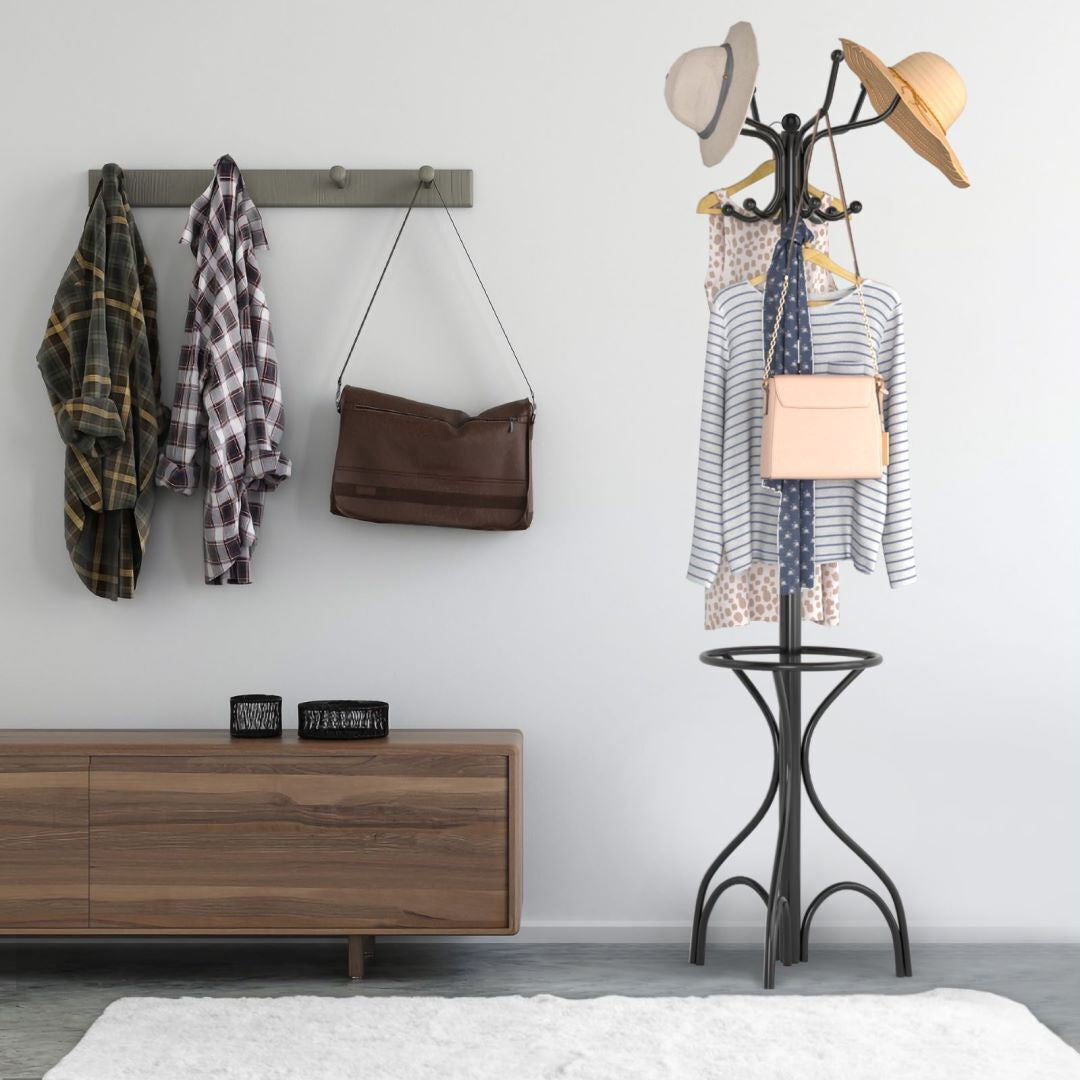 Modern Freestanding Metal Coat Stand with 12 Hooks
