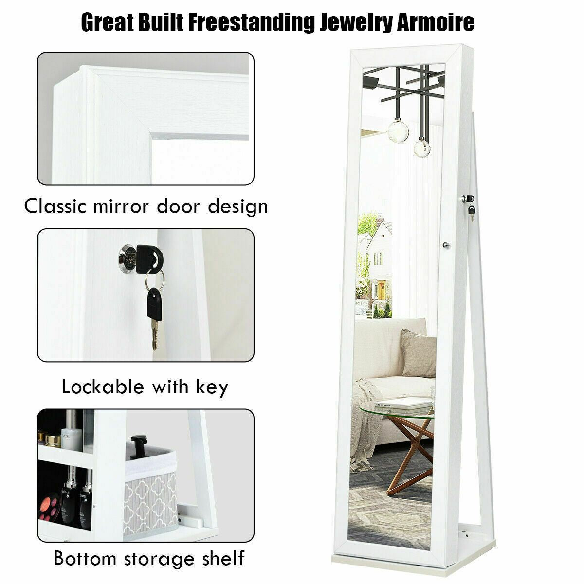 3-In-1 Mirrored Jewellery Armoire with Display Shelves