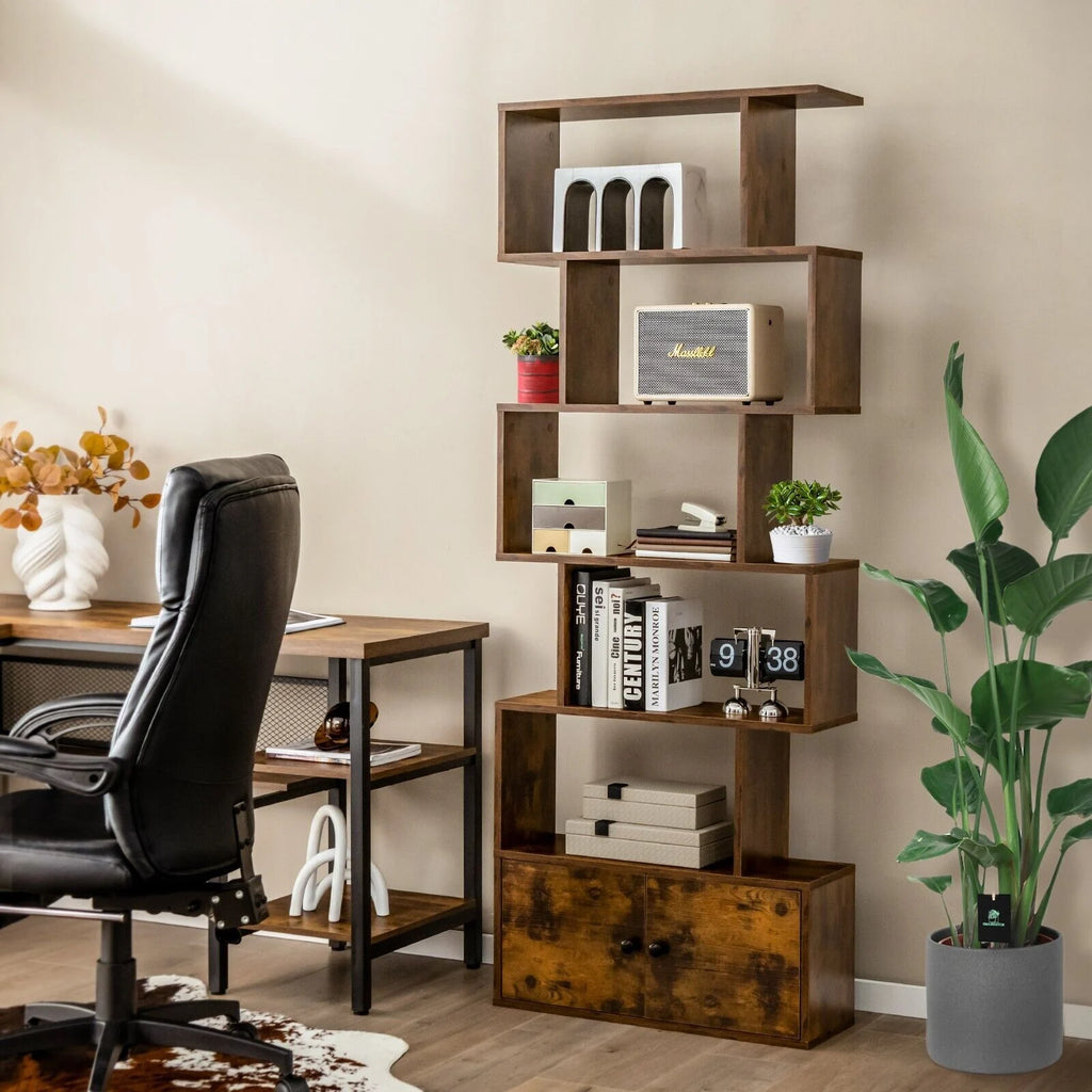 Industrial S-Shaped 5-Tier Bookcase with Cabinet