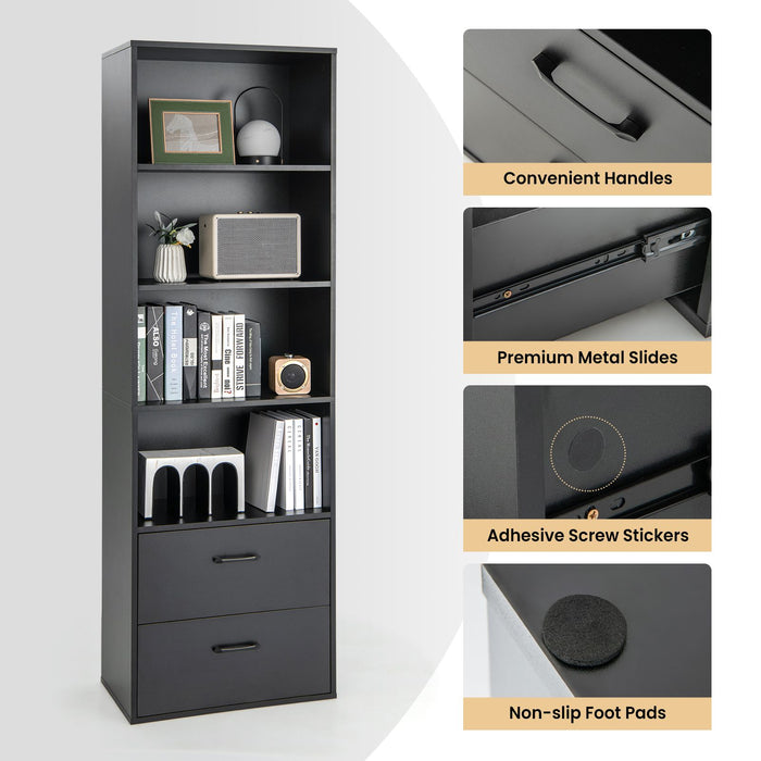6-Tier Modern Wooden Bookshelf with 4 Open Shelves and 2 Drawers