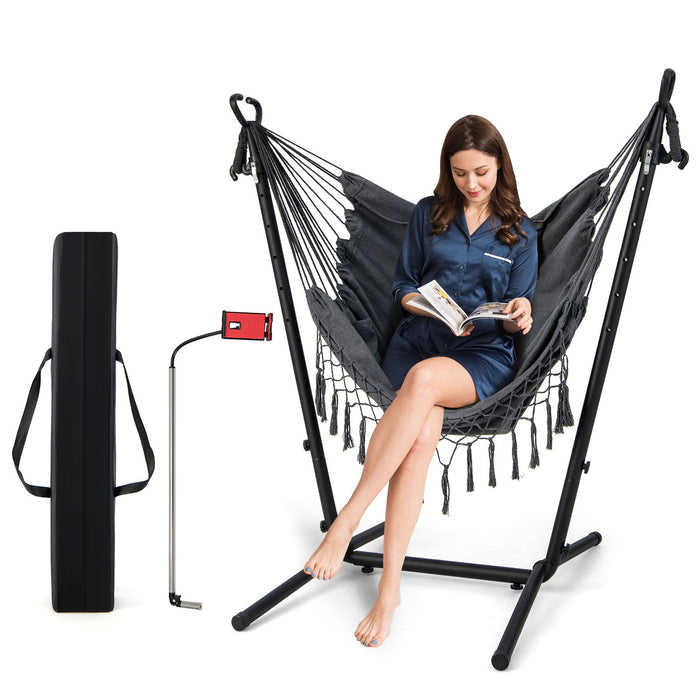 Hammock Chair with Stand – Adjustable Height, Phone Holder & Boho Tassels
