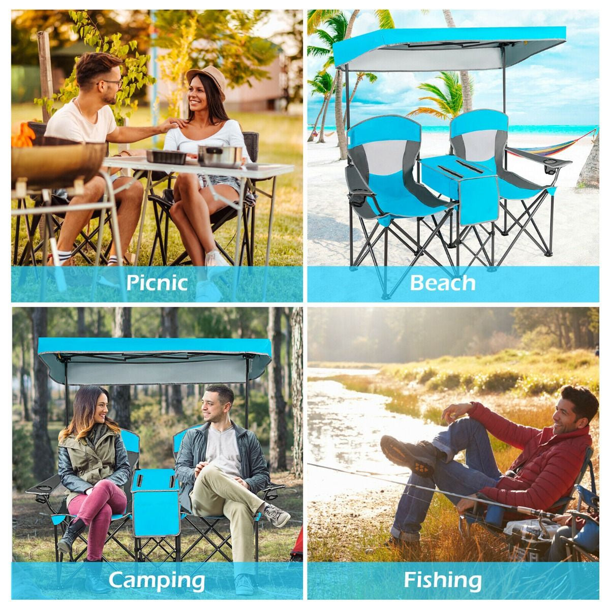 Double Folding Camping Chair with Canopy and Armrests