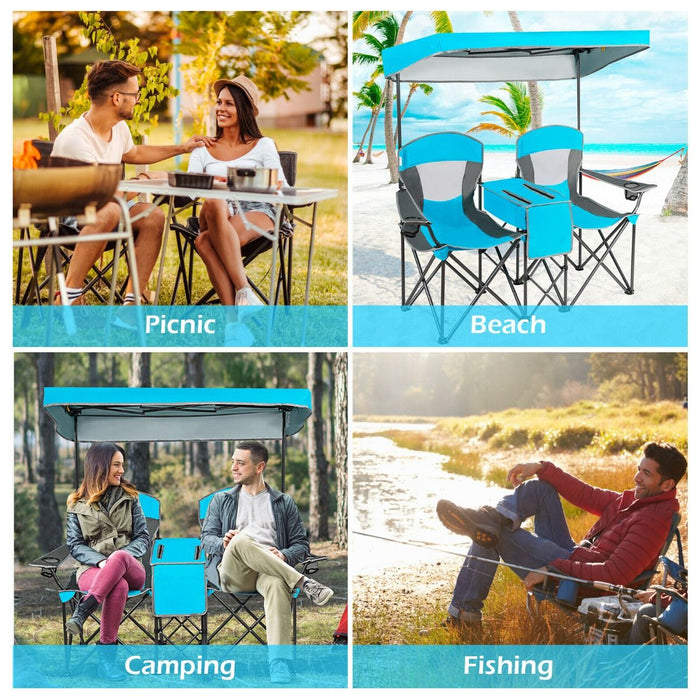 Double Folding Camping Chair with Canopy and Armrests