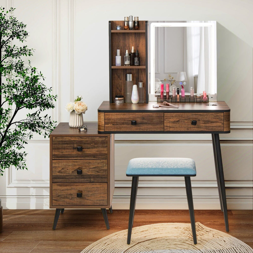 Vanity Table Set with 3-Color LED Lights Mirror and Charging Station