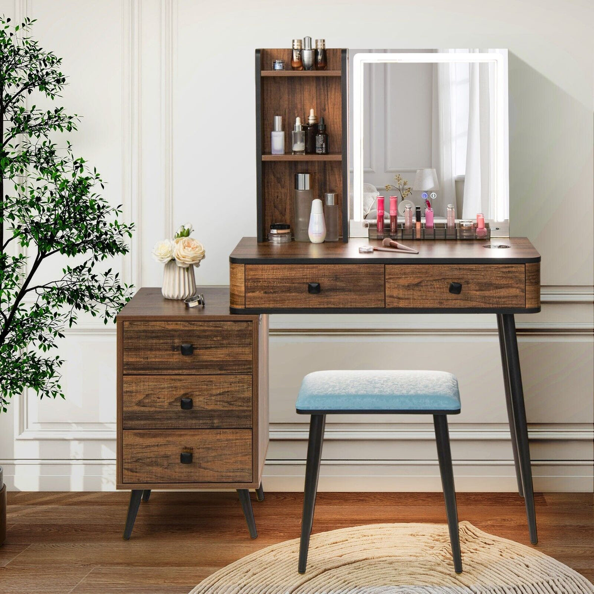 Vanity Table Set with 3-Color LED Lights Mirror and Charging Station