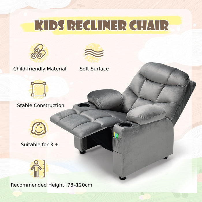 SEDOL Deluxe Larger Kids Recliner Armchair with Dual Cup Holders and Storage Pockets Premium Velvet Children’s Lounge Chair with 130° Adjustable Backrest & Pine Wood Frame