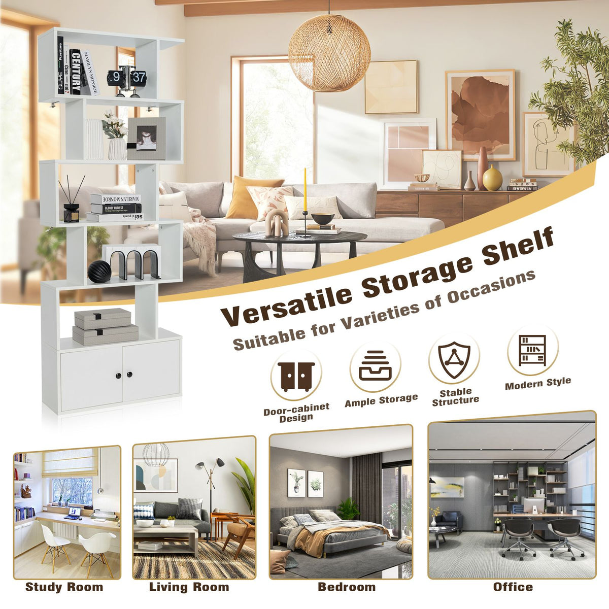 Industrial S-Shaped 5-Tier Bookcase with Cabinet