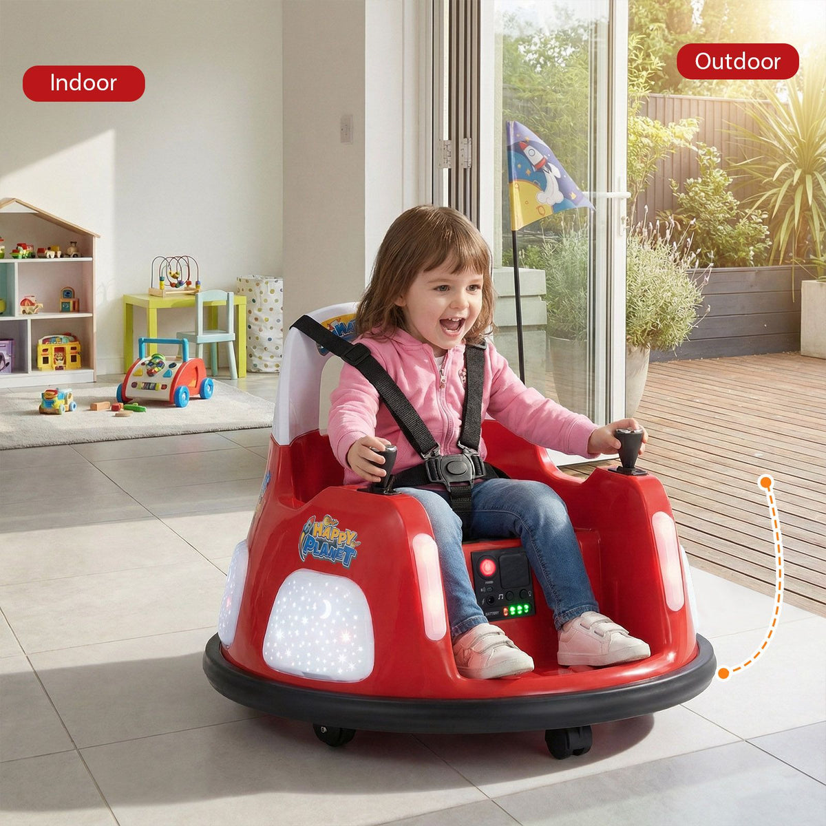 SEDOL 12V High-Performance Kids Bumper Car with 5-Point Safety Harness 360° Zero-Turn Dual Joysticks Parental Remote Control and 5-Mode LED Light Show