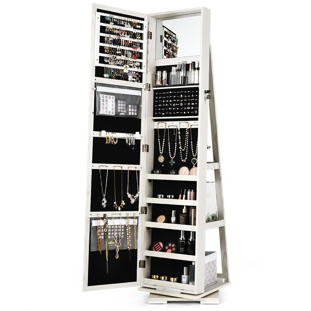 SEDOL 360° Rotating Full-Length Mirrored Jewellery Cabinet | Lockable Jewellery Armoire with 3-Tier Rear Display Shelves | Ultra-Large Storage for 120 Earrings, 78 Rings & 24 Necklaces | Velvet-Lined Boutique Organiser
