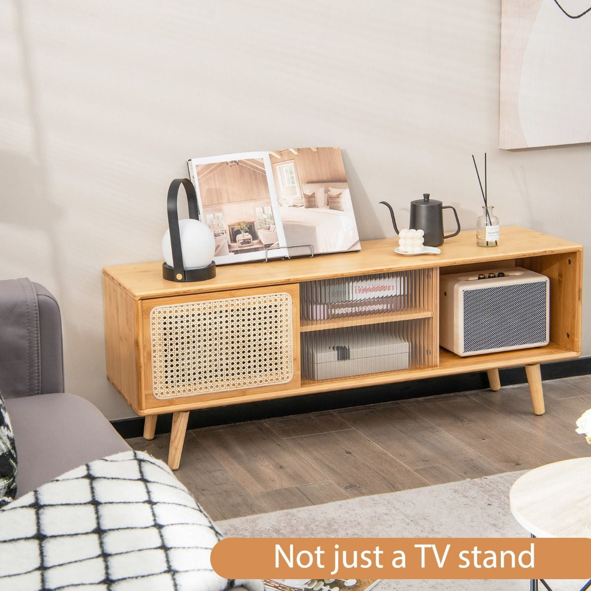 Bamboo Entertainment Center with Rattan and Tempered Glass Sliding Doors