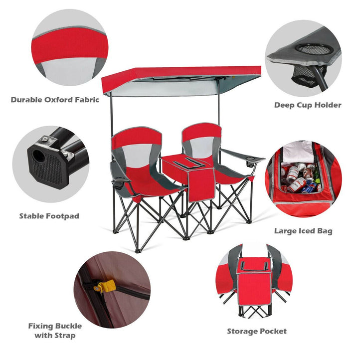 Double Folding Camping Chair with Canopy and Armrests
