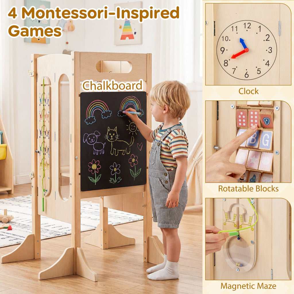 SEDOL 4-in-1 Folding Montessori Learning Tower & Sensory Activity Station — Convertible Kitchen Helper Stool with Art Easel, Step Stool, and Detachable Safety Net
