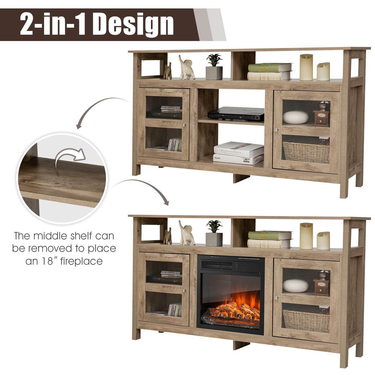 Living Room Console Table for Tvs with Wooden Fireplace and 2 Cabinets