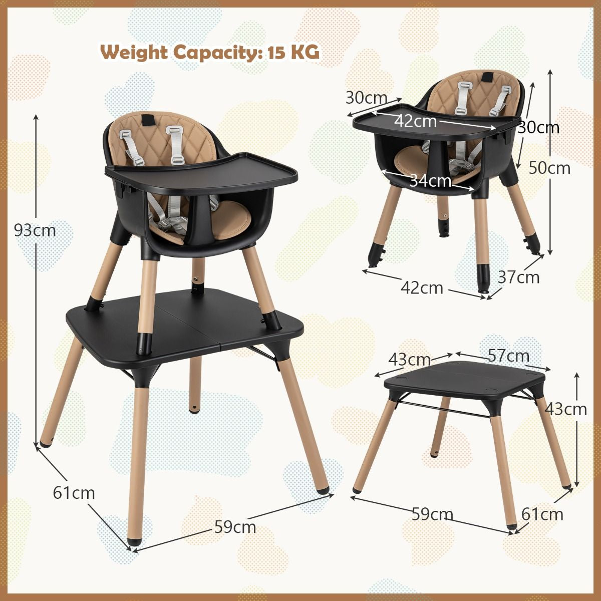 SEDOL 5-in-1 Convertible Baby High Chair & Independent Play Table Set with 5-Point Safety Harness 2-Position Removable Tray and Waterproof Easy-Clean Cushion