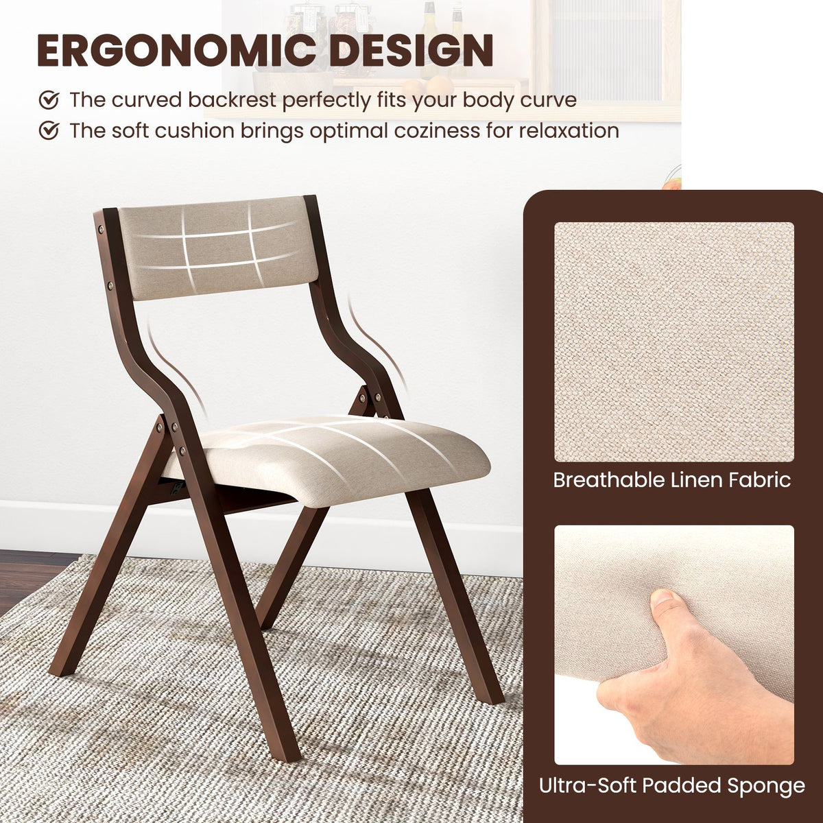 Folding Dining Chair Set of 2 with Solid Wood Frame and Padded Seat