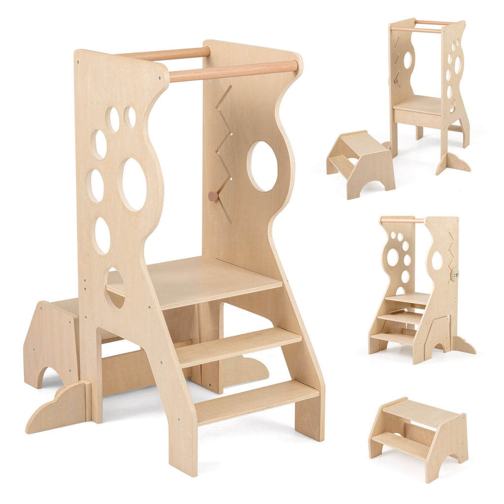 SEDOL 2-in-1 Montessori Convertible Learning Tower & Weaning Table Set with Nested 2-Step Stool, Removable Safety Bars and Integrated Line-Tracking Game