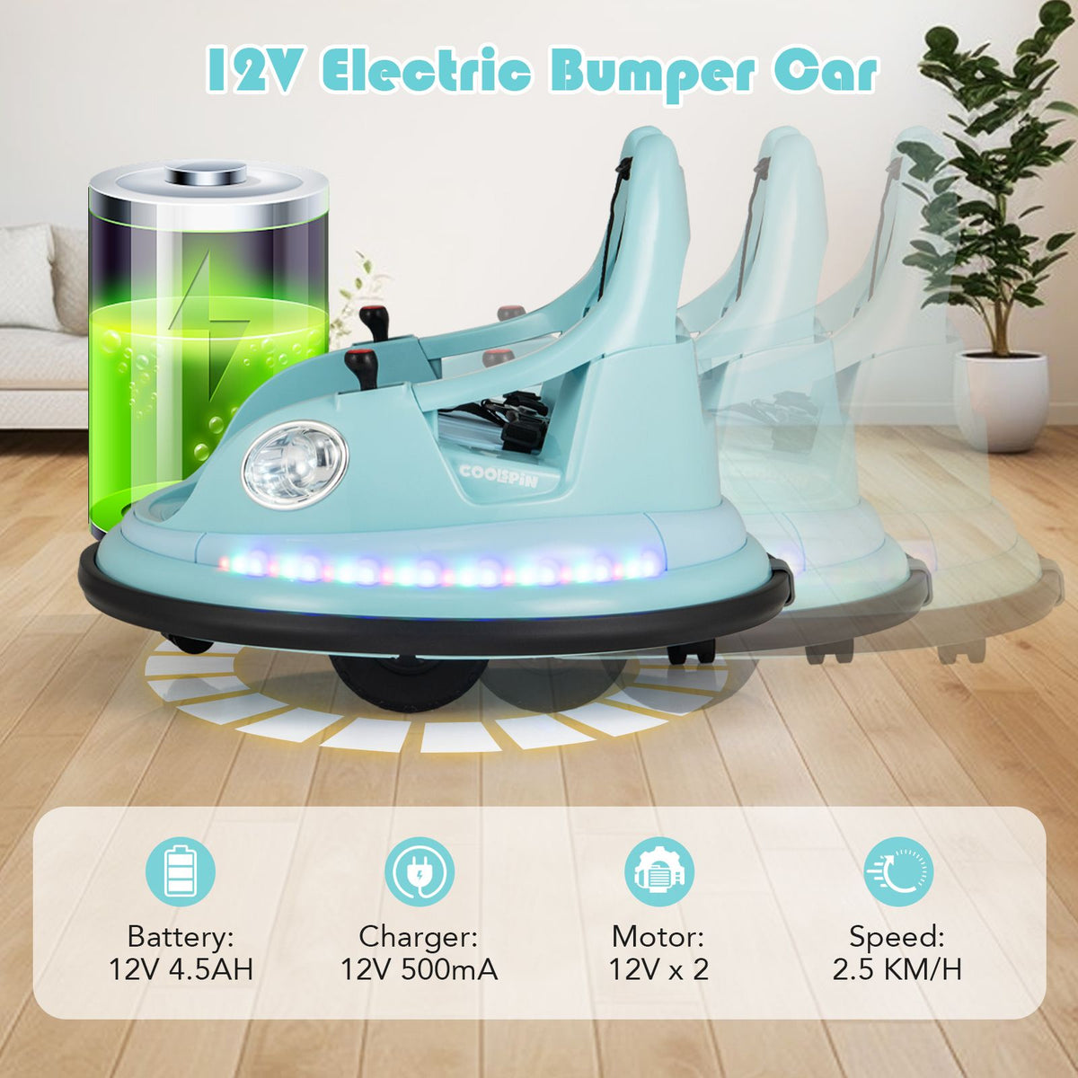 SEDOL 12V High-Performance Kids Bumper Car with 5-Point Safety Harness 360° Zero-Turn Dual Joysticks and 5-Mode LED Light Show – 12V Powered for Ages 3+
