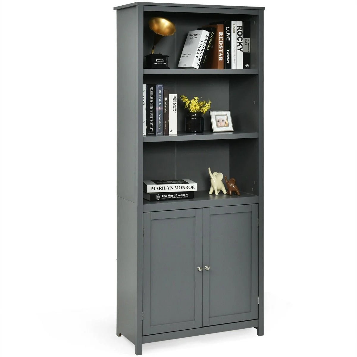 Wooden Tall Bookcase with 3-Tier Storage Cabinet