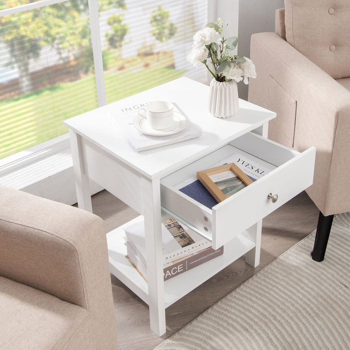 2 Pieces Wooden Nightstand with Drawer and Storage Shelf
