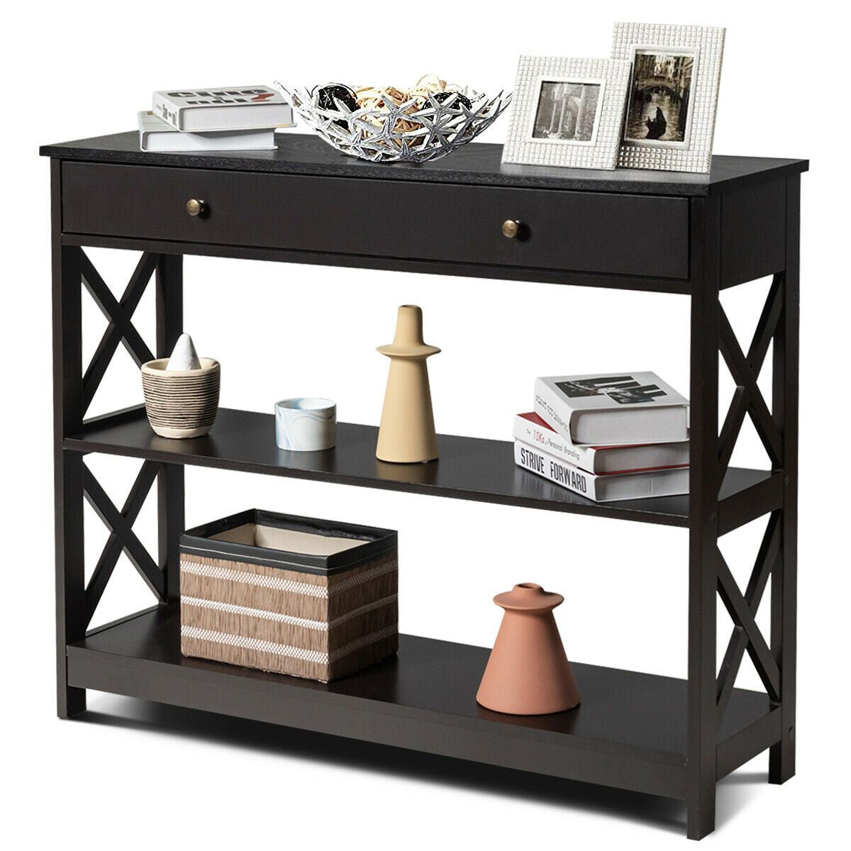 3-Tier Console Table with 1 Drawer and 2 Storage Shelves