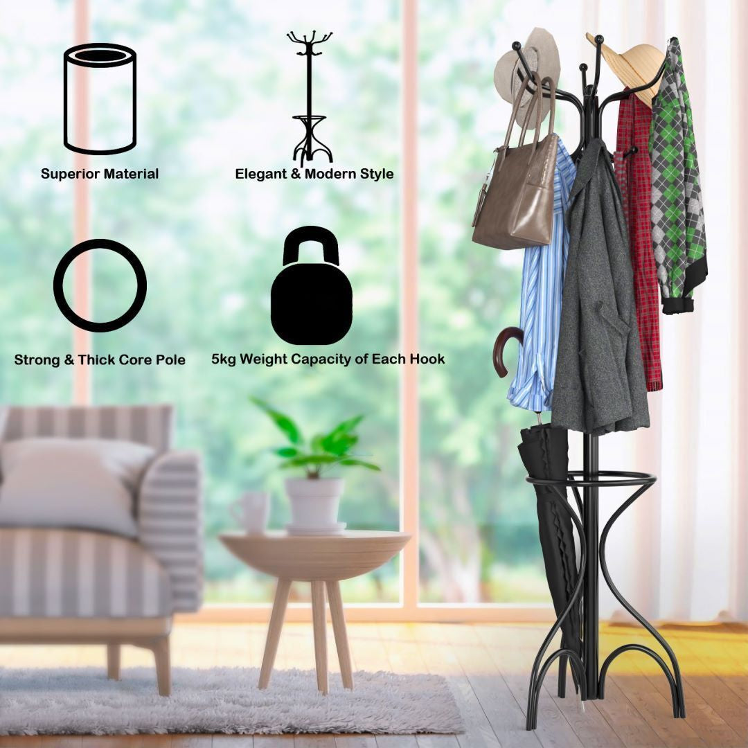 Modern Freestanding Metal Coat Stand with 12 Hooks