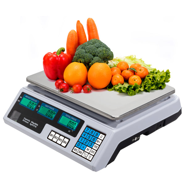 30–40kg  Digital Price Computing Scale – Vegetable & Retail Weighing Scale with Backlit LCD Display, 5g Precision & UK Plug – Silver & White