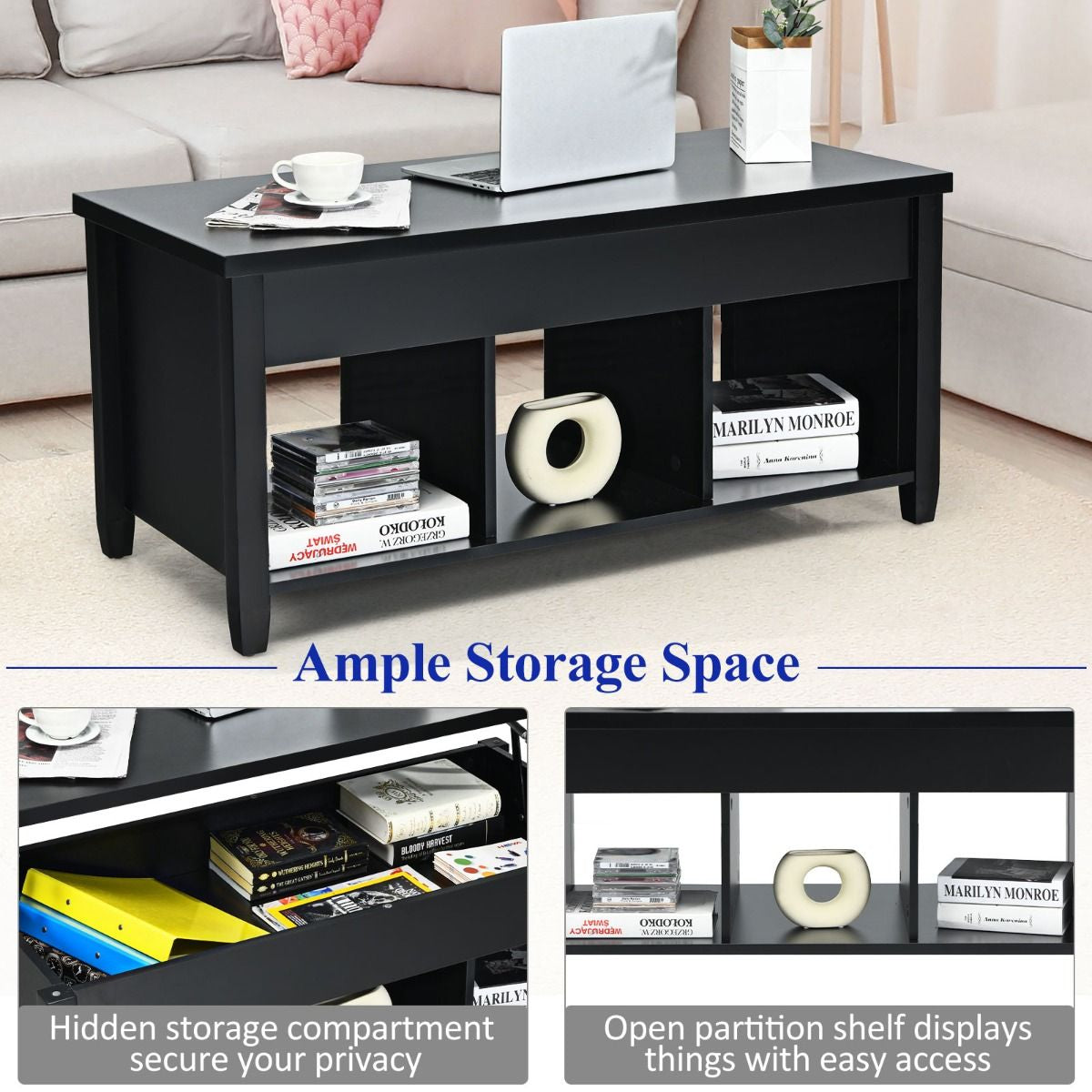 Rising Center Table with Lift Top Hidden Compartment
