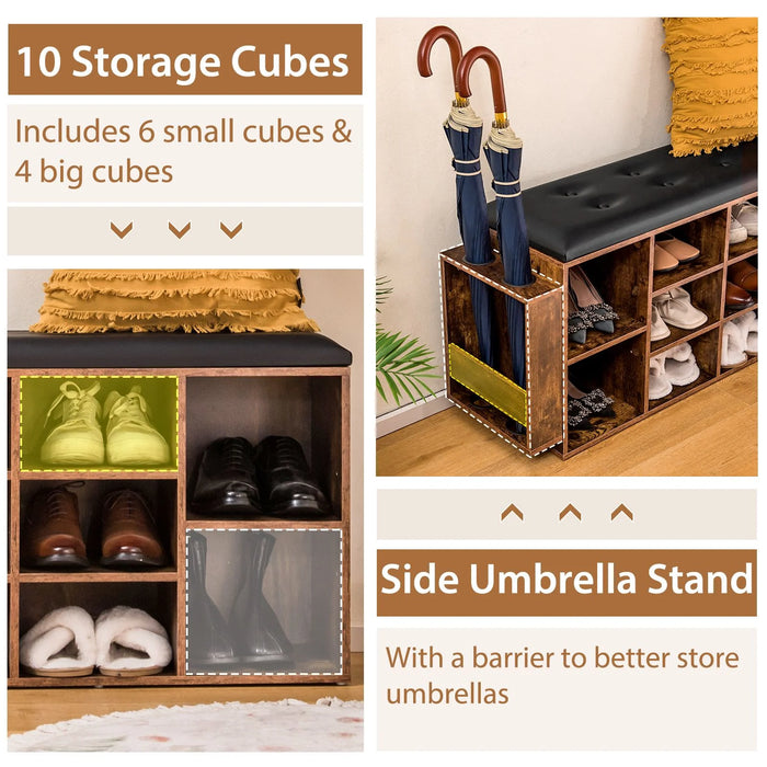 Shoe Storage Bench with Umbrella Stand and Padded Cushion