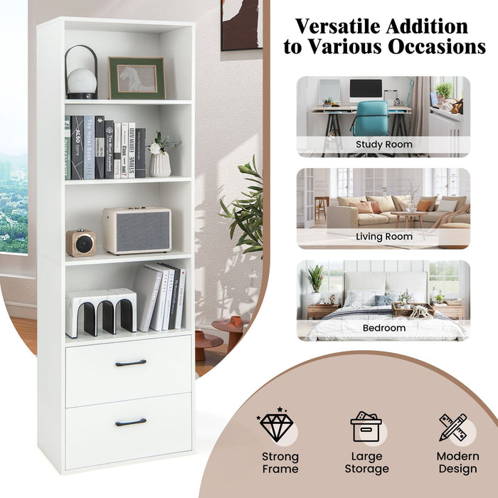 6-Tier Modern Wooden Bookshelf with 4 Open Shelves and 2 Drawers